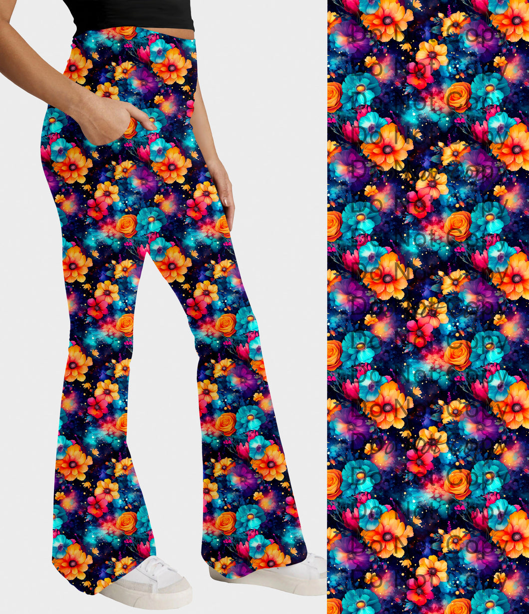 RTS - Cosmo Flowers Flare Leggings w/ Pockets