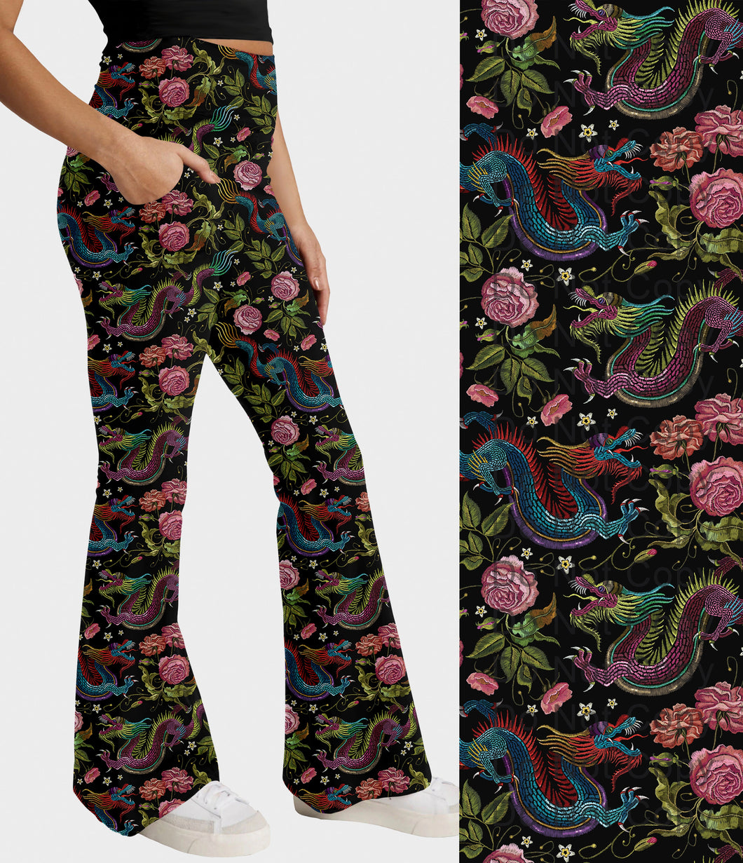 RTS - Embroidered Dragon Flare Leggings w/ Pockets
