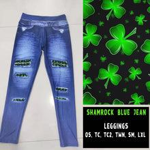 Load image into Gallery viewer, LUCKY IN LOVE-SHAMROCK BLUE JEAN LEGGINGS
